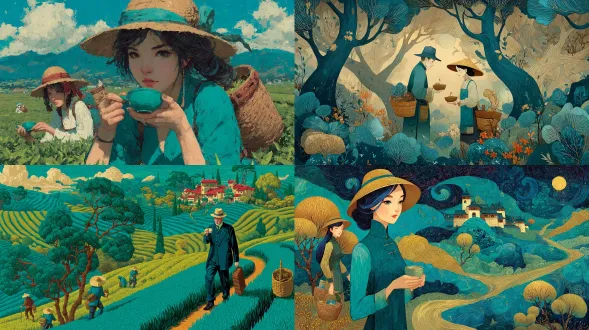 优雅的中国茶园主人在前品尝茶叶，害羞的中国采茶女戴草帽在后递上篮子，细节丰富的彩色插画，浪漫小说风格。