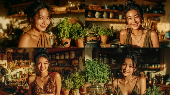 一个带有白人基因的20岁韩国女性，神态放松，身着缠腰布，在洒满阳光的厨房中泡茶。背景可见木质橱柜与盆栽香草，她面带温柔微笑，画面采用温暖色调与柔和阴影，属生活方式摄影风格，细节达到8k清晰度。