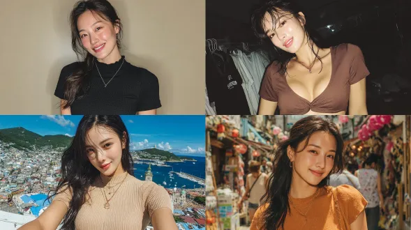 这张照片展现的是一位20多岁的韩国女性。她容貌姣好，面带笑容，皮肤白皙，腰肢纤细，骨盆较宽，拥有直角肩与纤细前臂。她身着短袖修身上衣与短裤，照片为侧颜自拍。