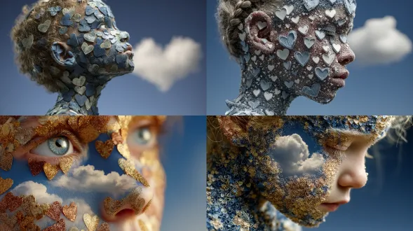 face of a child entirely composed from tiny heart symbols, double exposure with cloud in the sky, innocence and nostalgia