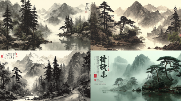 傳統(tǒng)水墨山水畫：黑白暈染的遠(yuǎn)山與霧氣，角落蓋朱紅色印章，細(xì)膩筆觸，留白處題詩，靜謐意境