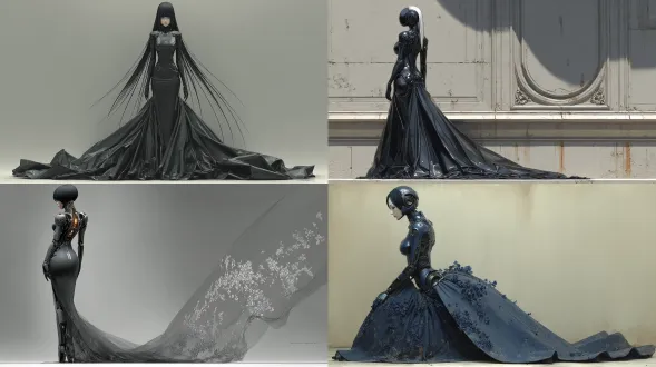 anime,full body,blame!,gantz,tall beautiful woman,evening gown, elegant, coldly beautiful, bionic human, sci-fi,long hair,synthetic human,cyborg