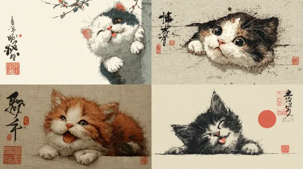 國風(fēng)刺繡，治愈，畫面大面積留白，一只小小的可愛小貓咪從畫布中間豎撕一條小縫，探出半個小腦袋，同時擠眼吐舌做鬼臉。極簡主義，大師級構(gòu)圖，8k，色彩高飽和