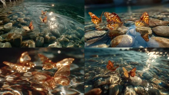 three butterflies were dancing on the water, in the style of organic abstractivism, exaggerated perspective, hasselblad 18mm f/2.8, the shadow is reflected in the water, gustave caillebotte, rollerwave, take photos with hasselblad, naomi tydeman, a clean picture