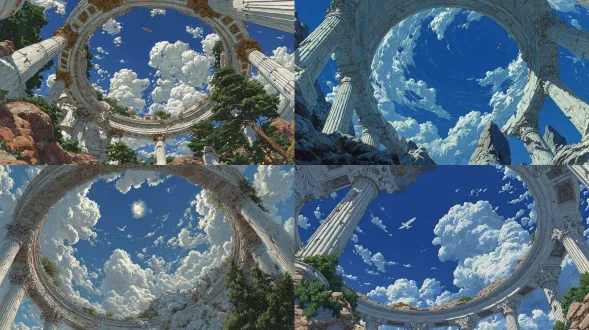 从地面仰望天空的画作：由宏伟的古典白色立柱框住的巨大圆形开口，上方是戏剧性的层叠云层，高空飞行的小滑翔机（用以强调比例），湿壁画般的宏伟风格，受苏联壁画艺术启发，无人，无文字，轻盈空灵的氛围