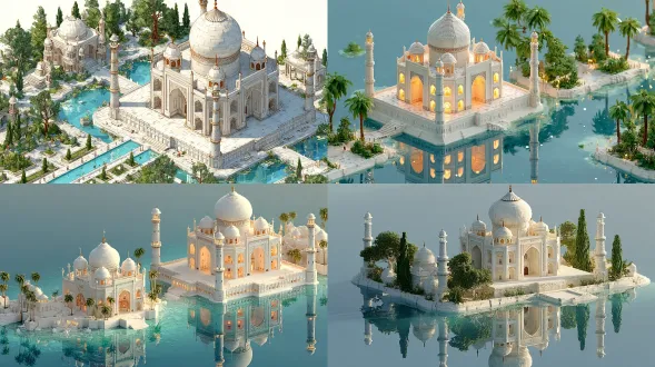 isometric graphics, depicting taj mahal with marble domes and reflecting pool, set against a white background with soft, smooth lighting. 3d blender style, clean, sharp focus and high level of detail, warm colors. high resolution