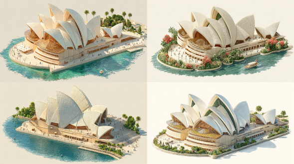 isometric graphics, depicting sydney opera house with sail-like roofs and waterfront steps, set against a white background with soft, smooth lighting. 3d blender style, clean, sharp focus and high level of detail, warm colors. high resolution