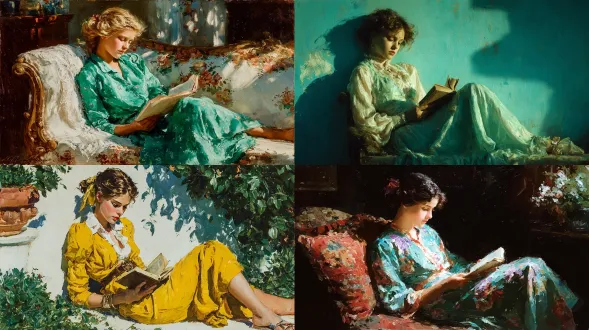 一幅描绘年轻女士的画作，一幅简单柔和彩色的图像，画中是一位读着书的年轻女士。她坐在花园里，穿着鲜艳的颜色。背后的光线突出她的面部特征，她直立着身体并倚靠在某物上，脸庞被阳光照亮，长长的影子投射在房间里。柔和的柔和色彩调色板，如薰衣草色或薄荷蓝，营造出梦幻的氛围。整体氛围应是怀旧且迷人的。