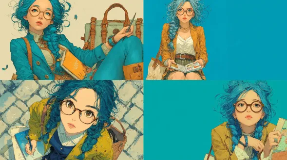 clear contours, round glasses, blue hair, braided hair, blazer, high socks, fountain pen, notebook, wristwatch, large tote bag, book cover, bookmark, fair skin, high-quality manga key visual illustration, a cute japanese manga-style girl