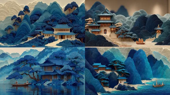 风格：体素艺术、中国水墨画背景；材质：分层纸艺、立体木雕壁挂、分层纸雕塑、浮雕；主体：青花瓷、宋代亭台、山间树木、海上小舟；颜色：浅靛蓝与黑、留白；构图：简洁构图；画质：超高清、高分辨率。