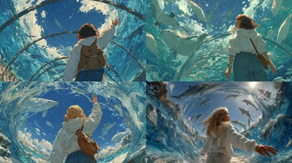 主体：透明玻璃隧道、海豚、白鲸、鲨鱼等海洋生物、高个女生；细节：白色卫衣/宽腿牛仔裤/牛仔裙、女孩手碰玻璃、蓝天白云背景、清水气泡