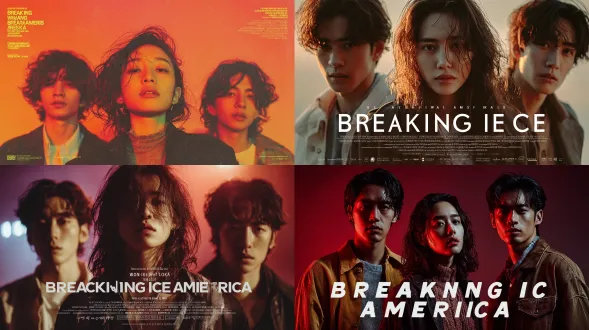 电影海报《破冰美国》，三位年轻亚裔男女，王家卫导演风格。海报色调浪漫温暖，含电影剧照、灯光效果，背景简洁，极简构图，符合电影海报风格。