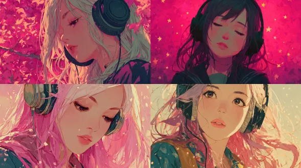 一幅梦幻动漫风格插画：一位长发高中女生戴着耳机，粉紫色的柔和光芒微微闪烁，氛围宁静而空灵；女生神情安详，画面阴影细节丰富，采用柔和的渐变效果，整体细节精致、构图优美，分辨率高。