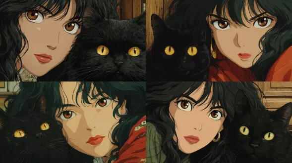 90s japanese anime, in room, 20s japanese black long wavy hair, woman and black cat yellow eyes, shot with a 50mm lens