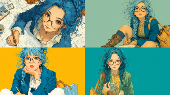 clear contours, round glasses, blue hair, braided hair, blazer, high socks, fountain pen, notebook, wristwatch, large tote bag, book cover, bookmark, fair skin, high-quality manga key visual illustration, a cute japanese manga-style girl