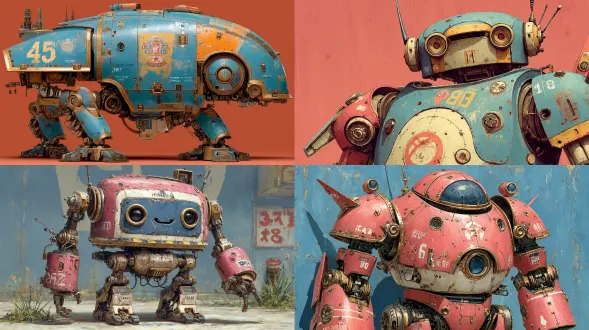 painterly animation of a friendly mechwarrior, with rounded metal features, and a bright colorful metal exterior