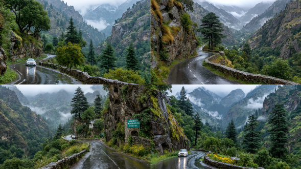 季风时节的喜马偕尔邦山间公路，狭窄的悬崖边呈s形弯道，位于深深峡谷之上；路面潮湿是沥青材质，还有长满苔藓的石砌挡土墙；斜坡覆盖着喜马拉雅雪松（喜马拉雅雪松）、 chir松（罗汉松）、杜鹃花灌木、喜马拉雅橡木以及蕨类植物；岩石面上有细小的野生草；山谷弥漫着浓密的地形雾和滚滚低云（云逆温现象），光线是柔和漫射的阴天光；有戏剧性的引导线；有一辆开着前灯的白色小车作为比例尺；是高角度长焦视角；超写实风格，有深度雾霾效果，表面带雨痕