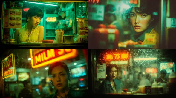 午夜的快餐柜台，荧光黄色灯光，疲惫双眼的美丽中国女子盯着热气腾腾的食物托盘，透过油腻的玻璃框住，浅景深，对焦推拉，忧郁孤独的氛围，王家卫美学