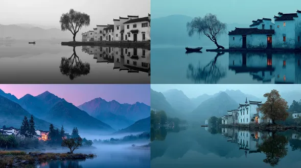 清晨时分，在被山林环绕的古老中国村落中，雾气弥漫，旁边仅有一棵小树。在那前方是一望无际的雾海，映照着两侧的村落房屋。场景以高清摄影、广角镜头捕捉，呈现极简风格，构图简洁，色调偏白，氛围神秘。