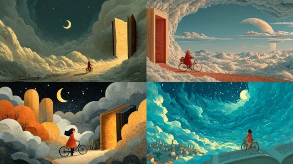a girl in her cute red dress is riding her bicycle following a cloud path towards a huge book lied open in the sky, with an ancient pattern on its pages and a crescent moon shining through it. the door opens to reveal clouds swirling around and stars twinkling like diamonds. this scene conveys peace and tranquility, as if inviting people to step inside for more wisdom. the style evokes focus stacking, ghibli animation, whimsical skyline landscapes, hyper- realistic, luminous light, and a celestial punk aesthetic