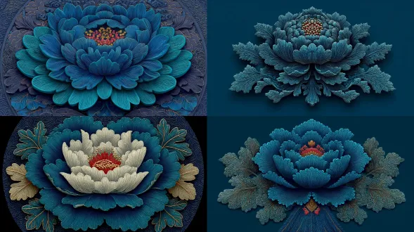 the pattern design of the chinese peony flower logo is made by wood carving, a blue peony flower pattern with a symmetrical design, a dark background, in the style of vector illustration, in the style of chinese traditional patterns, in the style of wood carving art, high resolution, a circular composition, detailed details, in the style of chinese painting, flat illustrations, ultra-high definition images, and a lot of texture. it is made into an exquisite artwork on the front cover of a magazine. the entire flower has clear layers and lines. a three-dimensional relief effect can be seen in the center of each petal.