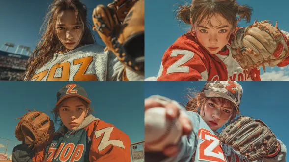 长发韩国女人，棒球服，手持字母z和棒球手套，投球姿势，棒球场，晴朗天空，明亮光线，超详细纹理，超现实风格，动态捕捉，广角镜头，高对比度，鲜艳色彩，活力四射，专业投手动作，精致面部表情，阳光直射，清晰阴影，高分辨率，逼真质感。