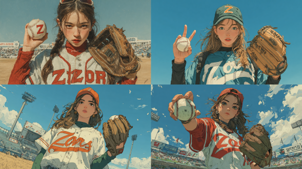 披着长发的韩国女人穿着棒球服，一手拿着字母 z，一手拿着棒球手套，另一只手拿着球，像投手一样投球。棒球场。晴朗。明亮。超详细。超现实。