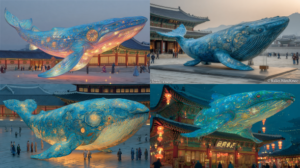 一头巨型太空鲸的眼眸中，悬浮着一座永无止境的市集。这头巨鲸正滑翔掠过首尔的景福宫上空。日光穿透鎏金般的液态极光，为饰有丹青图案的屋檐与青灰色瓦顶染上斑斓色彩。商贩们交易着超乎想象的物件：装在月形罐中的时间、封存在玻璃瓶里的风暴、折纸折成的行星。重力如波浪般起伏摇摆，使得灯笼与商铺微微弯折，精致的韩服面料在风中轻轻飘动。氛围融合了朝鲜王朝宫殿的美学与古波斯细密画的风格，又点缀着赛博朋克电影《银翼杀手》的霓虹元素，还交织着萨尔瓦多·达利式的超现实感官体验。画面以超现实却极具电影感的细节呈现，同时对文化遗产保持着尊重。构图纳入了低角度的城市景观，视角宛如用32毫米超广角镜头拍摄，细节达到8k分辨率