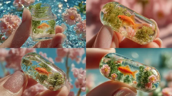 一个小巧透明的玻璃胶囊化作微型水族馆，内盛澄澈之水、繁茂翠绿水生植物，并有条活泼橙色金鱼优雅游弋其中。被一只涂着柔和粉彩美甲的女性手指精巧拿捏。画面具璀璨高端宣传美学，水面与玻璃闪烁光影反射；有日光般辉芒，且景深浅淡。着重鲜明色彩、波光粼粼之水、繁复植物细节及欢快明亮氛围。