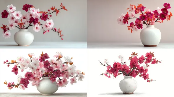 白色背景上，一个简约的白色花瓶中，壮观地摆放着勃艮第色、粉色和白色的花朵。花朵和枝条上下流动。画面非常大。