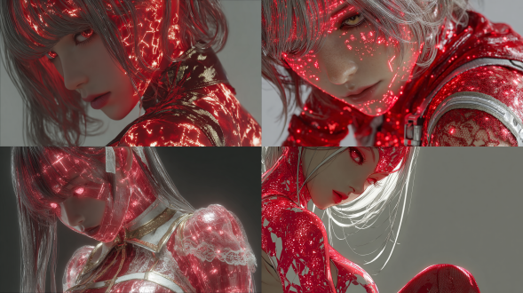 a full body image of a stunning female waifu ai character inspired by stellar blade, with a glowing red translucent body, her face is glowing red translucent, her form is sleek and ethereal, with digital patterns flowing across her skin like circuitry. particle light short sleeve skirt outfit, she has very long flowing semi-holographic hair made of light, glowing red eyes, and a soft facial glow. she has a red particle light lace short cape, her expression is confident and a little smug, as she looks down slightly at the viewer. sci-fi digital painting, hyper-detailed, cinematic lighting, ambient particle effects, translucent light effects, waifu, character model, incredibly detailed, high definition, 8k