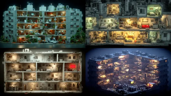 hong kong kowloon walled city, section view of floors, multiple rooms including bedrooms, dining rooms, study rooms, gyms, bathrooms, storage rooms, bird's-eye view, apocalyptic style, radiation style.