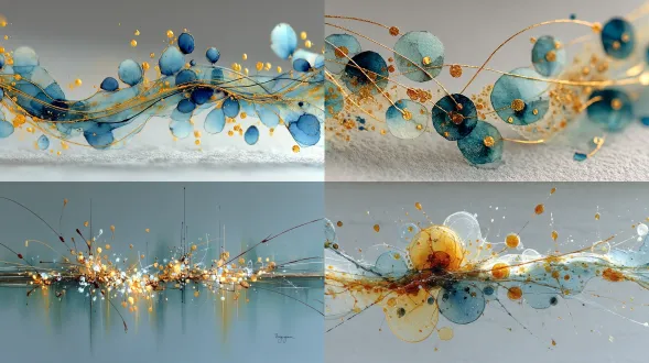 sophisticated abstract art on white paper, visualizing a calm and elegant jazz melody. a delicate rhythm is created by a minimalist composition of flowing lines, bursts of light, golden sand, and serene light blue water droplets.