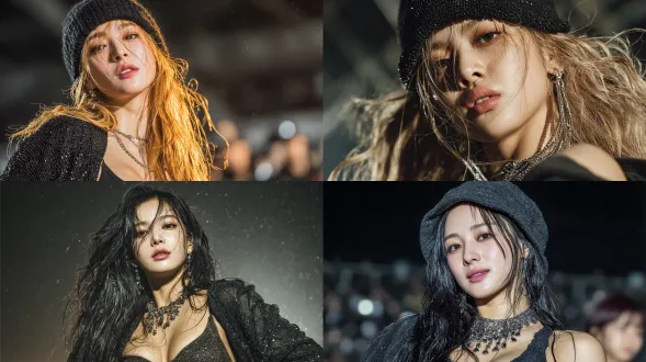 senior photographer with heavy oil paint texture, stage, top korean idol idol of idol idol idol idol, focusing on characters with light and shadow, looking up at the stage perspective, black sequin short coat, glowing tassel decoration, black chiffon strap hanging on the arm, transparent and translucent, decorated necklace flying with dance movements, wearing fashionable shiny decorative hat, long wavy hair, soft hair, hair flying with dance, top light passing through the hair, hazy and dreamy, idol makeup, lazy eyes, eye makeup with rhinestone decoration, face silver decoration, full lips, cold white skin, lighting pattern, particle glowing surrounding floating, delicate brushstrokes, lazy movement style