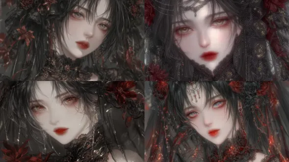 a gothic beauty, a beautiful woman, dressed in black lace fabric with intricate and exquisite lace patterns. the head is decorated with black flowers and lace veils, with some of the veils covering the face. the character's makeup is delicate, with soft eye colors and bright red lips. the overall color is mainly black, with a small amount of red lip makeup to create a strong color contrast. the character has fair skin and delicate patterns on the golden lace clothing. the black flower decoration has a realistic shape. the lace pattern on the veil is exquisite. the eyelashes are slender and the background color tone is dark, which matches the color of the character's clothing. glow, shimmer, fog sensation, strong contrast of light and shadow, upward facing lens, movie lens, obsidian transformation