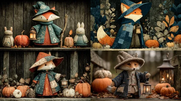 a whimsical autumn fox wearing a stitched patchwork cloak and crooked witch hat, holding a rustic lantern, surrounded by pumpkins and dry leaves, intricate fabric textures, magical halloween atmosphere, cozy rustic wooden backdrop, cinematic soft lighting, ultra-detailed illustration