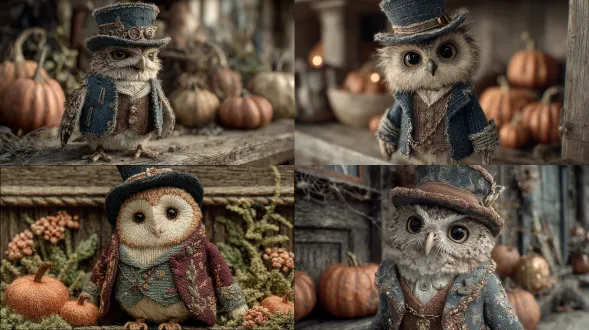 a wise autumn owl dressed in a vintage stitched waistcoat and patched top hat, tiny watch chain, surrounded by glowing pumpkins, subtle cobwebs, rustic wood background, highly detailed embroidery textures, enchanting magical vibe, cozy autumn tones, cinematic depth of field