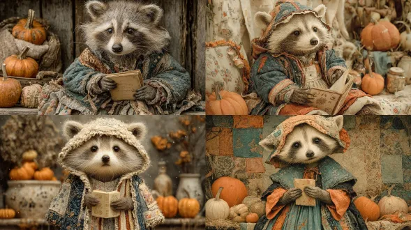 a cute raccoon in layered patchwork clothing holding a tiny book of spells, pumpkins scattered around, rustic cottage wall backdrop, warm golden hour lighting, intricate textile details, enchanting halloween mood, painterly soft illustration style