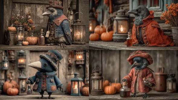 a whimsical crow wearing a stitched autumn cloak and a beaked plague mask, carrying a potion bottle, pumpkins and old lanterns at its feet, rustic wooden wall, magical glowing atmosphere, cinematic halloween light, intricate embroidery details
