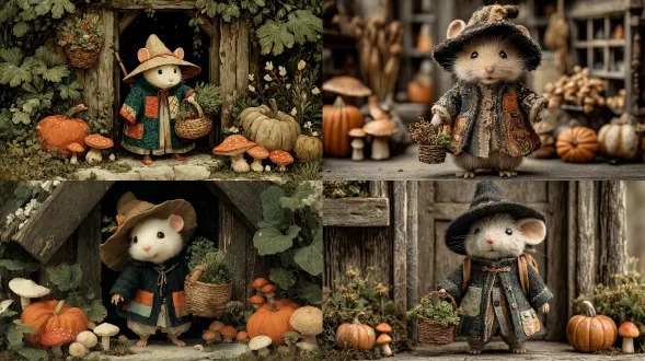an adorable mouse dressed in a tiny patchwork coat and floppy witch hat, holding a basket of herbs, rustic pumpkins and mushrooms around, cozy wooden cottage backdrop, magical soft light, enchanted halloween setting, highly detailed illustration