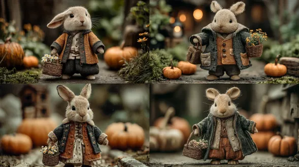 a charming autumn rabbit in layered stitched clothing, holding a small woven basket filled with tiny magical flowers, rustic pumpkins on the ground, dreamy soft atmosphere, cozy enchanted woodland halloween aesthetic, warm cinematic lighting
