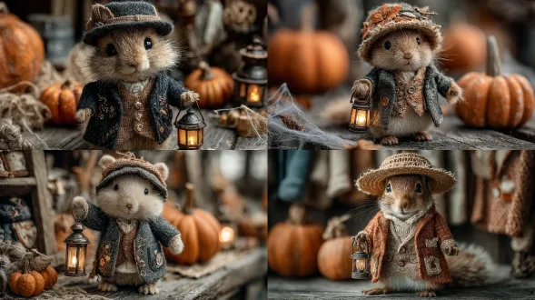 a charming autumn squirrel dressed in a patched tweed waistcoat and acorn-shaped hat, holding a tiny lantern, glowing pumpkins nearby, delicate cobwebs, rustic wooden backdrop, ornate embroidery textures, magical cozy autumn mood, cinematic depth of field