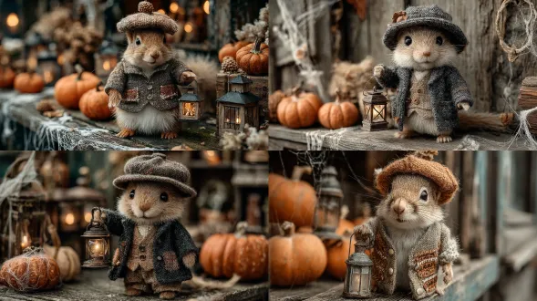 a charming autumn squirrel dressed in a patched tweed waistcoat and acorn-shaped hat, holding a tiny lantern, glowing pumpkins nearby, delicate cobwebs, rustic wooden backdrop, ornate embroidery textures, magical cozy autumn mood, cinematic depth of field