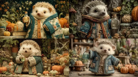 a cozy hedgehog in layered patchwork robes, holding a tiny glass potion bottle, rustic background filled with pumpkins, wild herbs, cobweb details, cinematic soft light, highly detailed whimsical illustration, enchanted halloween style