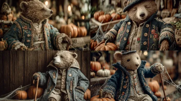 a regal autumn bear wearing a patched wool coat with embroidered buttons, leaning on a cane, glowing pumpkins at his feet, cobweb strands, rustic wood background, detailed embroidery textures, magical cozy autumn feel, cinematic depth of field