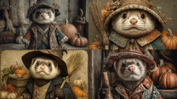 an enchanting ferret wearing a layered autumn patchwork cape and witch hat, carrying a tiny broom, pumpkins and rustic textures in the background, soft cinematic halloween lighting, magical whimsical mood, ultra-detailed vintage illustration
