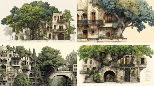 一幅充满诗意的巴黎插画长卷，石头与植被和谐相融。一栋奥斯曼风格建筑的立面与一棵雄伟的树木无缝衔接：地基变为树根，阳台延展成树枝，屋顶消散于绿叶华盖之中。建筑与自然的线条相互交织，材质融为一体，形成连续的流动。风格为铅笔线描，细致、优雅、浪漫，尽显巴黎氛围。构图需呈现象征性融合，是概念性的，体现扎根于土地、浸润于气候且与环境和谐的建筑。石头、铁艺阳台与有机形态间保持平衡对比，精细影线，极少阴影