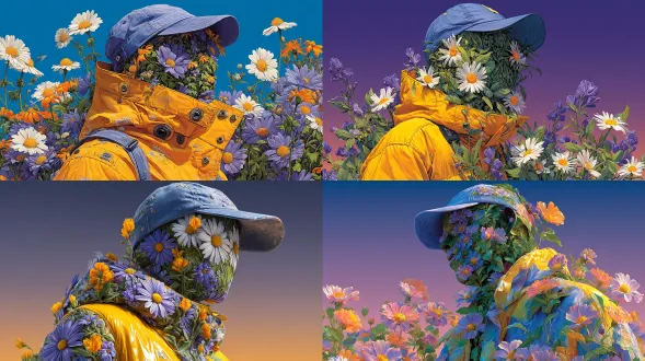 一幅超现实概念肖像画，描绘一个完全由郁郁葱葱的绿色植物和盛开的雏菊组成的人形，穿着有光泽的黄色羽绒服和无文字的天蓝色棒球帽。背景简约而淡雅，突出有机生长在夹克上的鲜艳紫色花朵和橙色花朵。花朵形似眼睛。这幅图像象征着环境意识以及时尚与自然的和谐。高度细节化，照片写实风格，柔和光线，生态艺术美学。