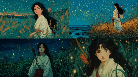 在高桥留美子的绘画风格里，一位留着黑色长发的女子，身着战国时期的白色长袍，散发着优雅的韵味。她手持弓箭，于夜间的草地上伫立，周遭有诸多萤火虫翩翩飞舞，风格是日本动漫风。