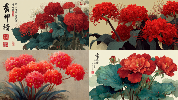 中国国画风格。画面主体彼岸花-结构圆整红色花瓣卷曲如丝，，搭配黄色花蕊，明艳夺目。 花茎修长，底部衬以浓墨绘就的叶片，笔墨苍劲，与花朵的艳丽形成对比。